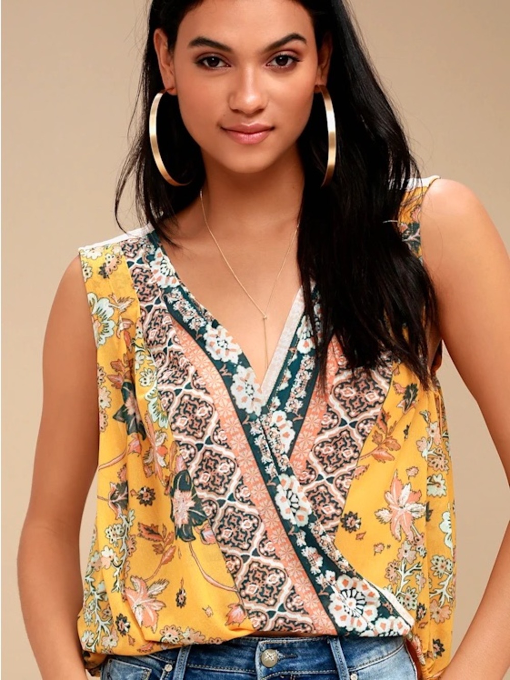 Free People Havana Golden Yellow Floral Print Sleeveless Surplice Top
